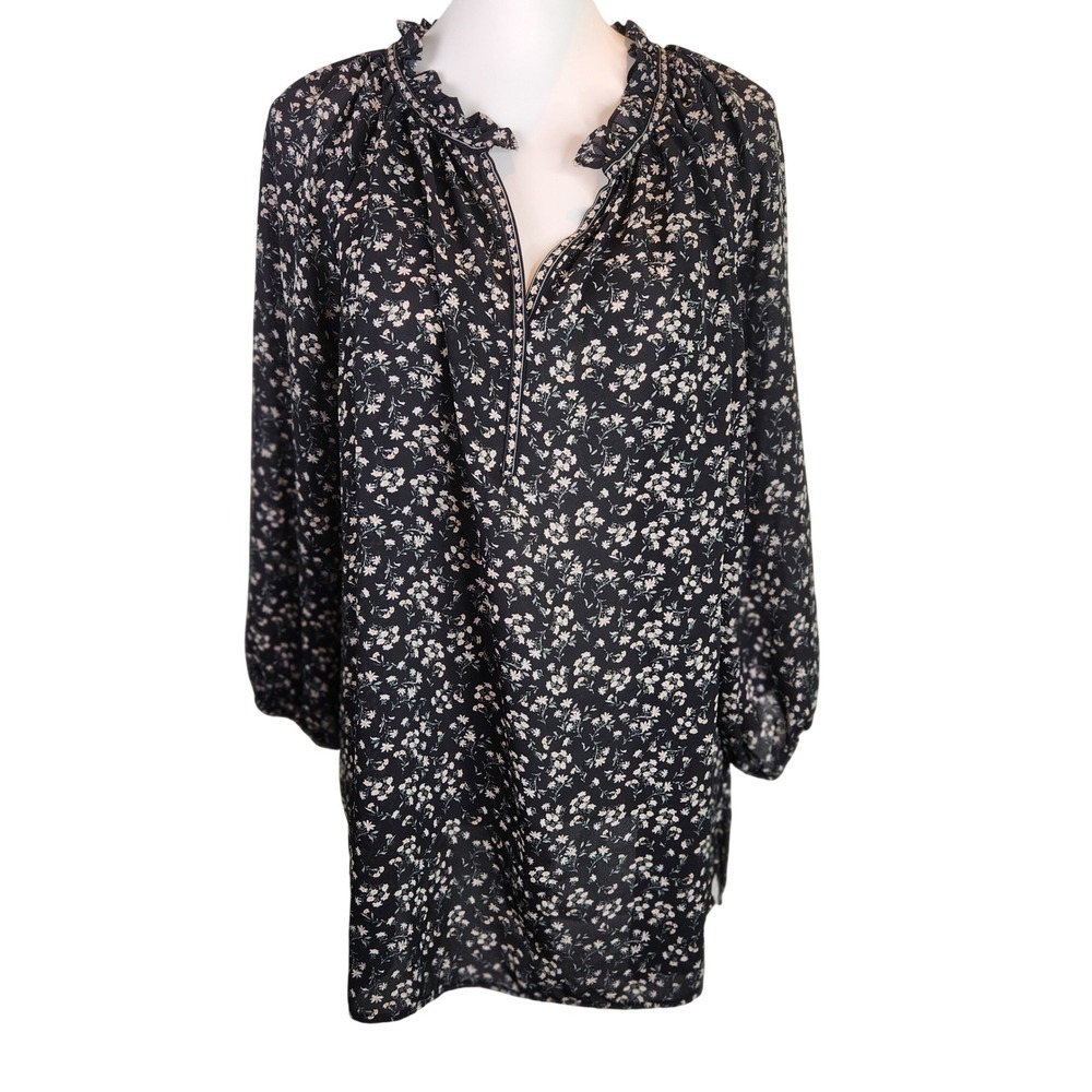 Max Studio Black Floral Blouson Sleeve Ruffle Neck Blouse Top 1X Plus Size Boho